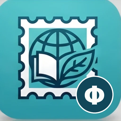 PhilaPhil-Symbol: Briefmarke mit Weltkugel, Buch und Blatt